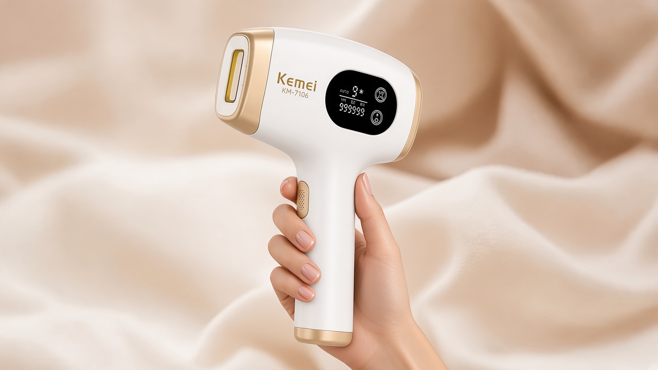 Mão feminina segurando o Kemei KM-7106 de luz pulsada.